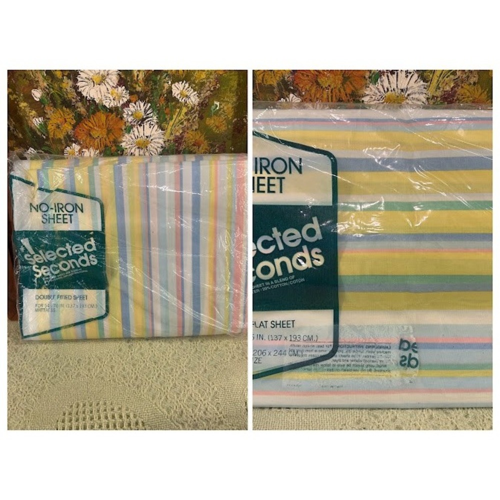Vintage Selected Seconds Double Flat & Fitted Sheet Set No Iron Pastel Stripe
